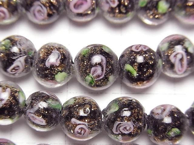 【動画】とんぼ玉 ラウンド8mm 薔薇(ローズ)模様入り 【ブラック】 半連/1連(約28cm) サムネイル2