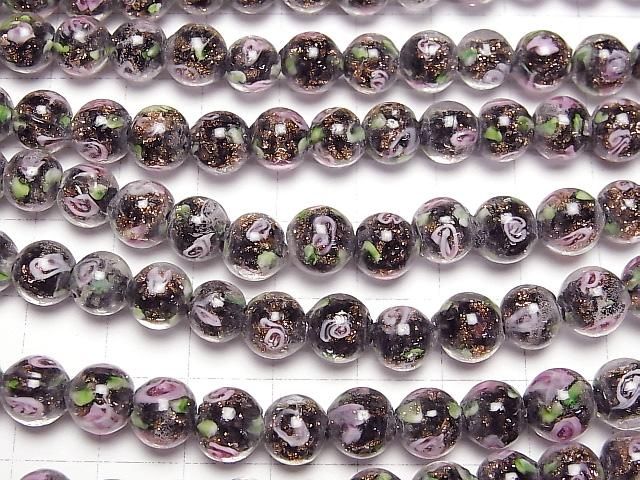 【動画】とんぼ玉 ラウンド8mm 薔薇(ローズ)模様入り 【ブラック】 半連/1連(約28cm) サムネイル3