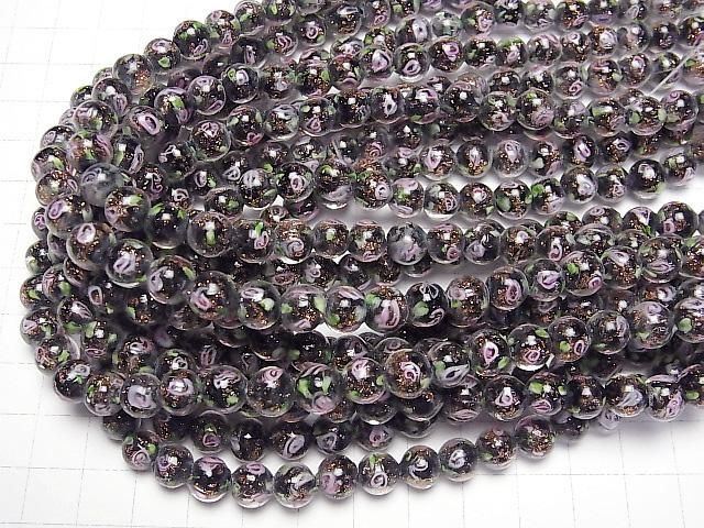【動画】とんぼ玉 ラウンド8mm 薔薇(ローズ)模様入り 【ブラック】 半連/1連(約28cm) サムネイル4