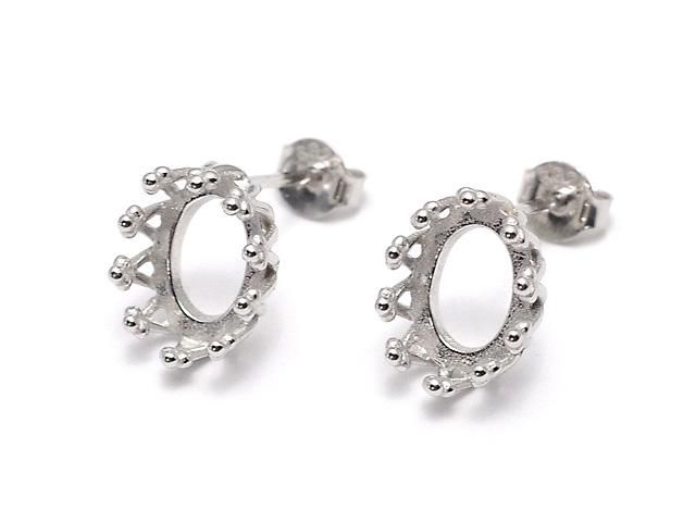 【動画】Silver925 クラウン ピアスポスト空枠&キャッチ カボション用 【6×4mm】【7×5mm】【8×6mm】【10×8mm】 ロジウム 1ペア(2ピース)の画像