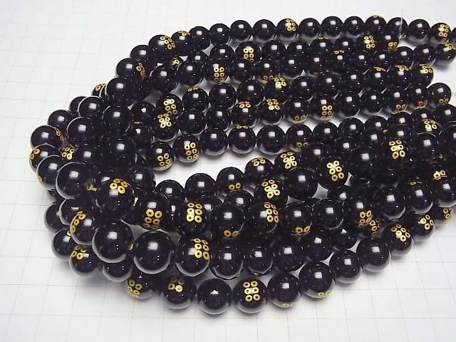 【動画】金色!真田幸村の家紋(真田六文銭)彫刻入り!オニキスAAA ラウンド10mm・12mm 1/4連~1連 サムネイル4