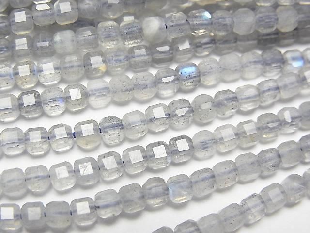 【動画】【素晴らしい輝き】ラブラドライトAA++ キューブカット3×3×3mm 1連(約37cm)の画像