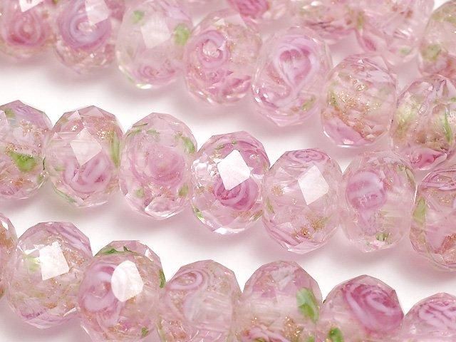 【動画】とんぼ玉 ボタンカット10×10×7mm 薔薇(ローズ)模様入り 【ピンク】 半連/1連(約34cm)の画像