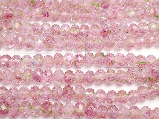 【動画】とんぼ玉 ボタンカット10×10×7mm 薔薇(ローズ)模様入り 【ピンク】 半連/1連(約34cm) サムネイル3