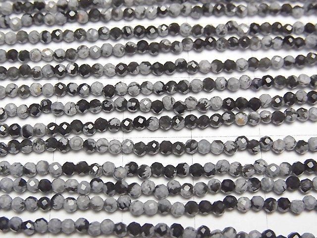 【動画】【素晴らしい輝き】スノーフレークオブシディアン ラウンドカット2mm 1連(約38cm) サムネイル3