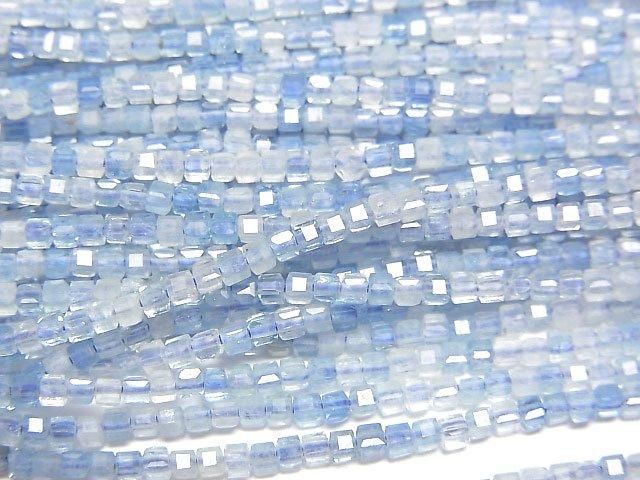 【動画】【素晴らしい輝き】アクアマリンAAA- キューブカット1.5×1.5×1.5mm 1連(約37cm)の画像
