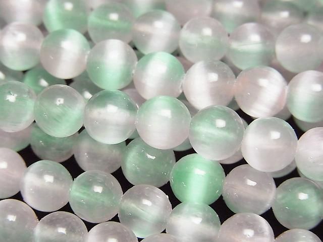 【動画】セレナイト(ジプサム) ラウンド6mm 【グリーン×ピンク】 1連(約37cm)の画像