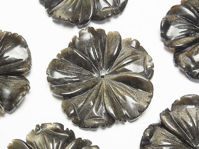 【動画】ゴールデンオブシディアンAAA フラワー 40mm 中央穴 1枚の画像