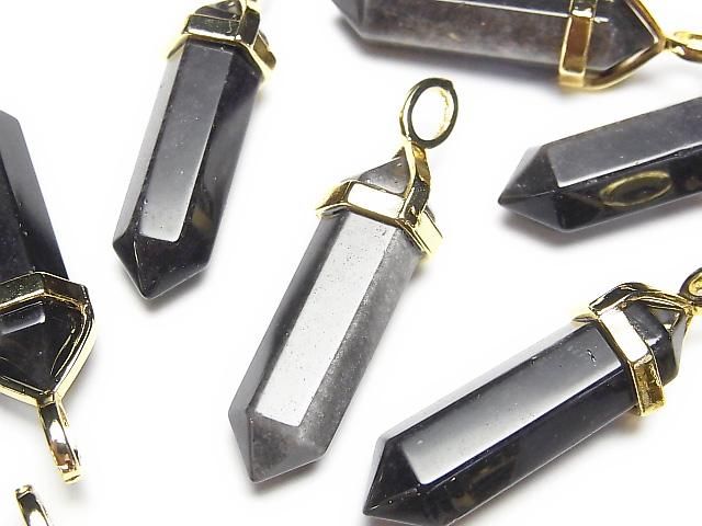 【動画】シルバーオブシディアンAAA ダブルポイント ペンダントトップ32×8×8mm ゴールドカラー 3個の画像