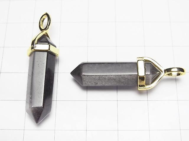 【動画】シルバーオブシディアンAAA ダブルポイント ペンダントトップ32×8×8mm ゴールドカラー 3個 サムネイル2