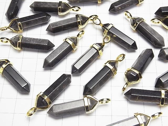 【動画】シルバーオブシディアンAAA ダブルポイント ペンダントトップ32×8×8mm ゴールドカラー 3個 サムネイル3