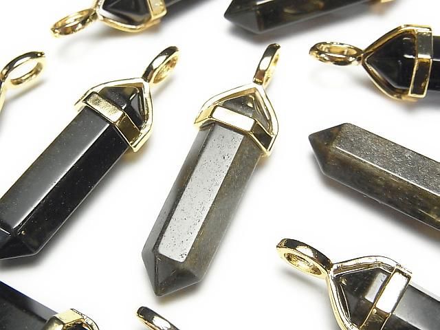 【動画】ゴールデンオブシディアンAAA ダブルポイント ペンダントトップ32×8×8mm ゴールドカラー 3個の画像