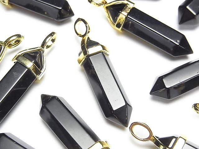 【動画】ブラックオブシディアンAAA ダブルポイント ペンダントトップ32×8×8mm ゴールドカラー 3個の画像