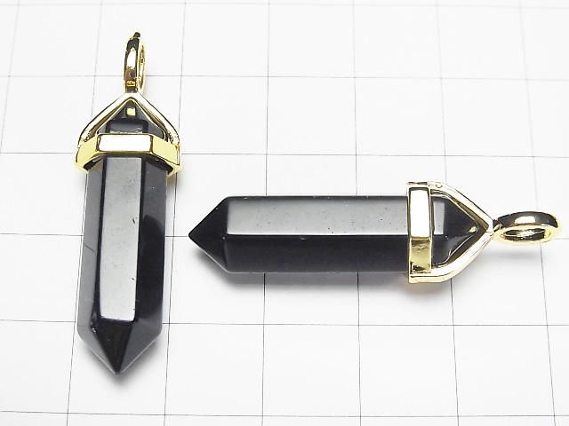 【動画】ブラックオブシディアンAAA ダブルポイント ペンダントトップ32×8×8mm ゴールドカラー 3個 サムネイル2