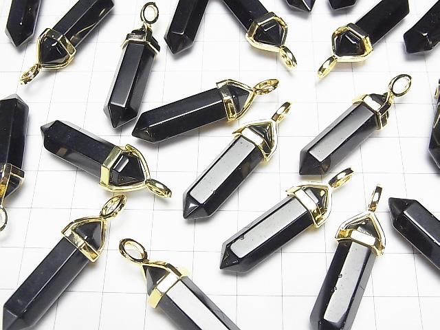 【動画】ブラックオブシディアンAAA ダブルポイント ペンダントトップ32×8×8mm ゴールドカラー 3個 サムネイル3