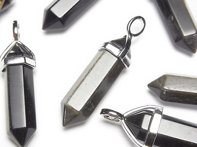 【動画】ゴールデンオブシディアンAAA ダブルポイント ペンダントトップ32×8×8mm シルバーカラー 3個の画像