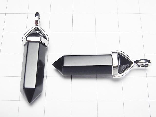 【動画】ブラックオブシディアンAAA ダブルポイント ペンダントトップ32×8×8mm シルバーカラー 3個 サムネイル2