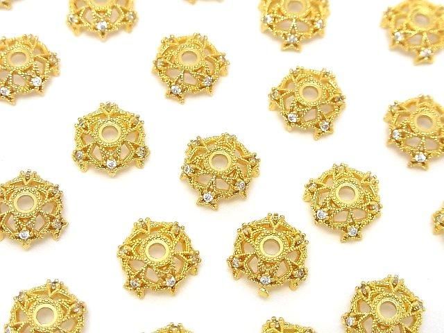 メタルパーツ ビーズキャップ12×12×5mm ゴールドカラー(CZ付) 4個の画像