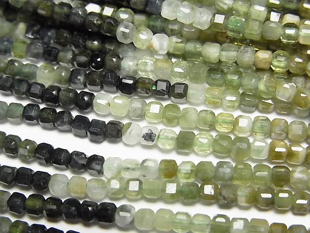 【動画】【素晴らしい輝き】グリーントルマリンAA+ キューブカット2.5×2.5×2.5mm 1連(約36cm)の画像