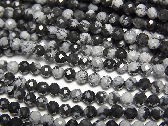 【動画】【素晴らしい輝き】スノーフレークオブシディアン ラウンドカット3mm 1連(約37cm)の画像