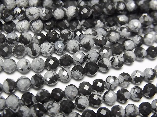 【動画】【素晴らしい輝き】スノーフレークオブシディアン ラウンドカット4mm 1連(約37cm)の画像