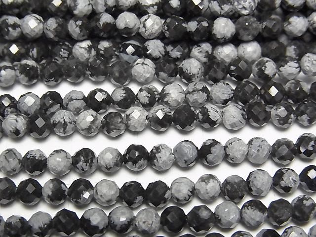 【動画】【素晴らしい輝き】スノーフレークオブシディアン ラウンドカット4mm 1連(約37cm) サムネイル2