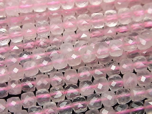 【動画】【素晴らしい輝き】ローズクォーツAA++ キューブカット4×4×4mm 1連(約37cm)の画像
