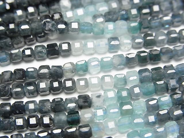 【動画】【素晴らしい輝き】インディゴライトトルマリンAA+ キューブカット3×3×3mm 半連/1連(約37cm)の画像