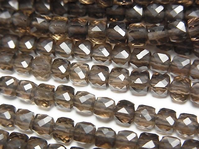 【動画】【素晴らしい輝き】スモーキークォーツAAA キューブカット4×4×4mm 1連(約37cm)の画像