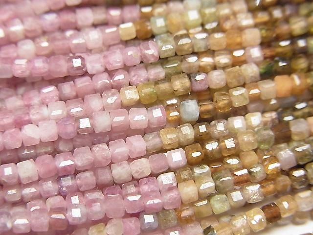 【動画】【素晴らしい輝き】マルチカラートルマリンAA+ 極小キューブカット2×2×2mm 1連(約37cm)の画像