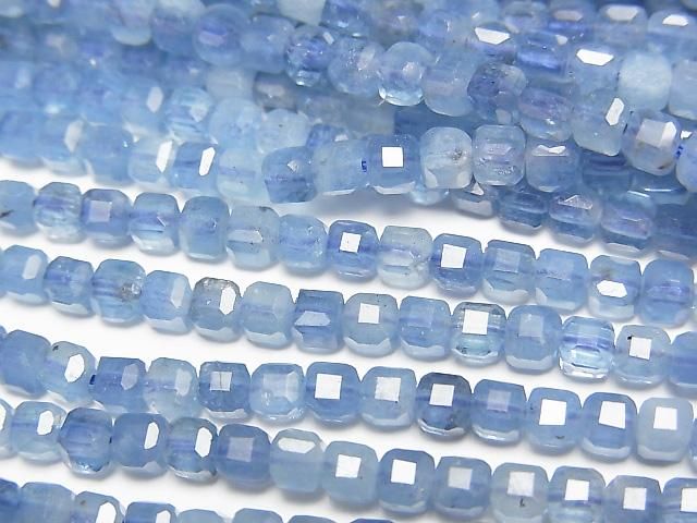 【動画】【素晴らしい輝き】ディープブルーアクアマリンAA++ キューブカット3×3×3mm 半連/1連(約37cm)の画像