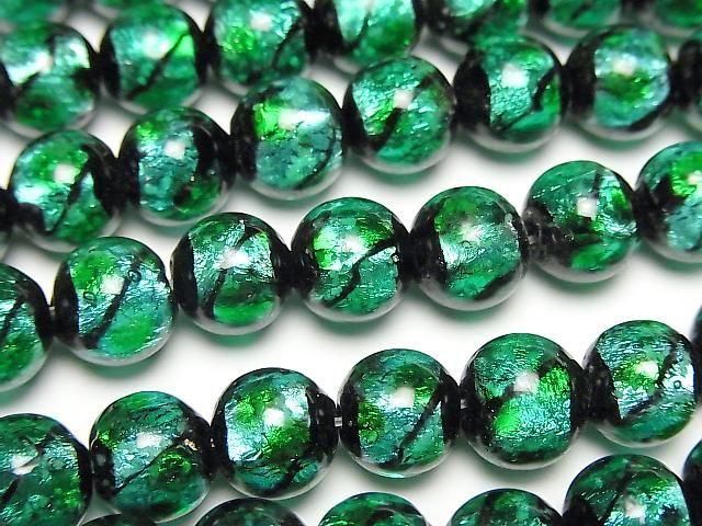 【動画】とんぼ玉 ラウンド8mm 【ライトブルー×グリーン/蓄光タイプ】 1/4連~1連(約36cm)の画像