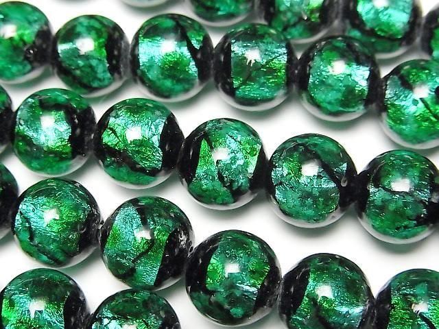 【動画】とんぼ玉 ラウンド10mm 【ライトブルー×グリーン/蓄光タイプ】 1/4連~1連(約34cm)の画像