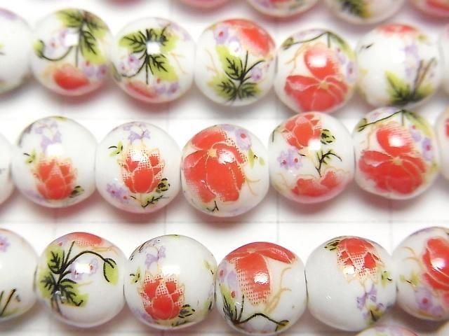 【動画】セラミックビーズ ラウンド8mm 【花柄/レッド】 1連(約29cm) サムネイル2