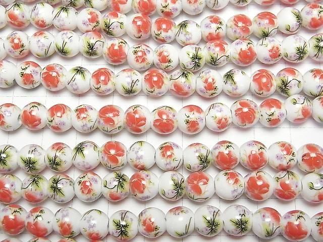 【動画】セラミックビーズ ラウンド8mm 【花柄/レッド】 1連(約29cm) サムネイル3