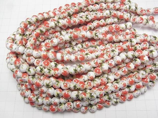 【動画】セラミックビーズ ラウンド8mm 【花柄/レッド】 1連(約29cm) サムネイル4