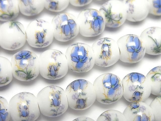 【動画】セラミックビーズ ラウンド8mm 【花柄/ブルー】 1連(約29cm)の画像