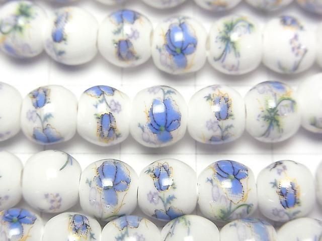 【動画】セラミックビーズ ラウンド8mm 【花柄/ブルー】 1連(約29cm) サムネイル2