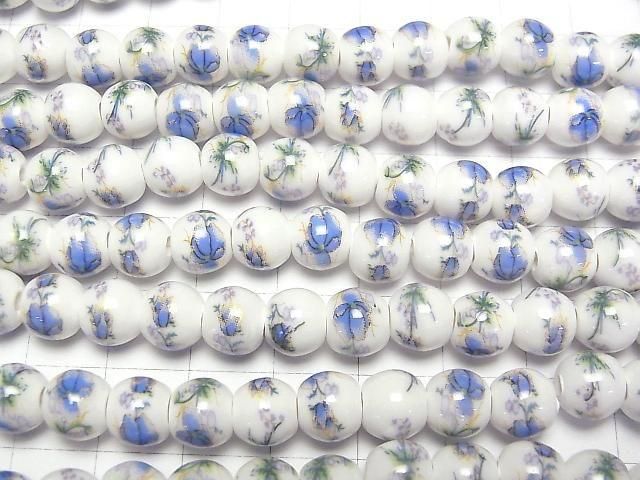 【動画】セラミックビーズ ラウンド8mm 【花柄/ブルー】 1連(約29cm) サムネイル3
