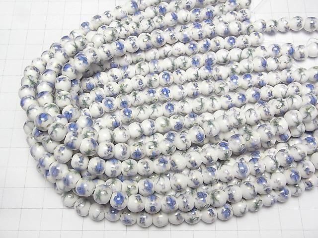 【動画】セラミックビーズ ラウンド8mm 【花柄/ブルー】 1連(約29cm) サムネイル4