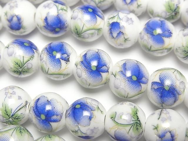 【動画】セラミックビーズ ラウンド10mm 【花柄/ブルー】 1連(約30cm)の画像