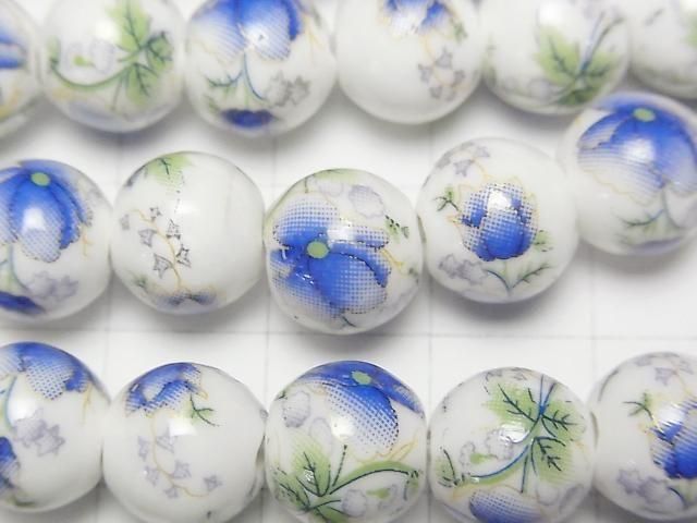 【動画】セラミックビーズ ラウンド10mm 【花柄/ブルー】 1連(約30cm) サムネイル2
