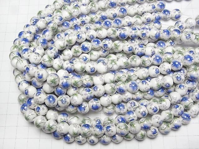 【動画】セラミックビーズ ラウンド10mm 【花柄/ブルー】 1連(約30cm) サムネイル4
