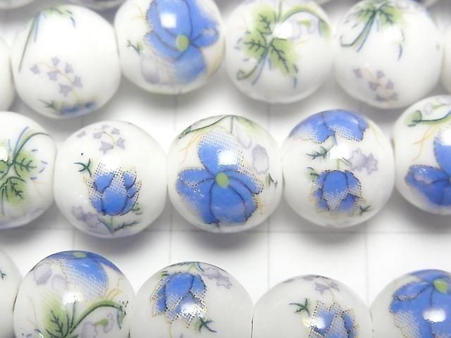 【動画】セラミックビーズ ラウンド12mm 【花柄/ブルー】 1連(約31cm) サムネイル2