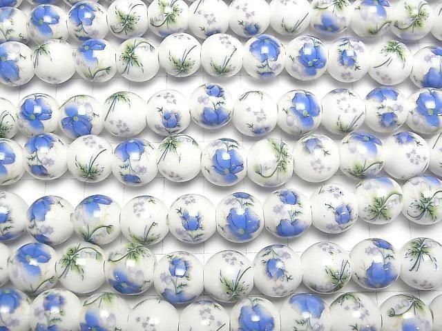 【動画】セラミックビーズ ラウンド12mm 【花柄/ブルー】 1連(約31cm) サムネイル3