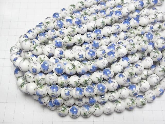 【動画】セラミックビーズ ラウンド12mm 【花柄/ブルー】 1連(約31cm) サムネイル4