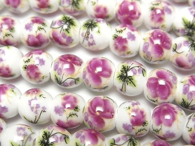 【動画】セラミックビーズ ラウンド8mm 【花柄/パープル】 1連(約29cm)の画像