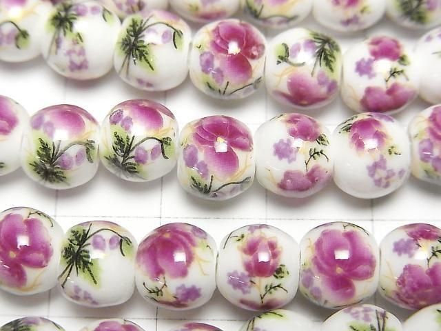 【動画】セラミックビーズ ラウンド8mm 【花柄/パープル】 1連(約29cm) サムネイル2