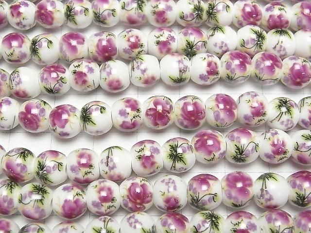 【動画】セラミックビーズ ラウンド8mm 【花柄/パープル】 1連(約29cm) サムネイル3