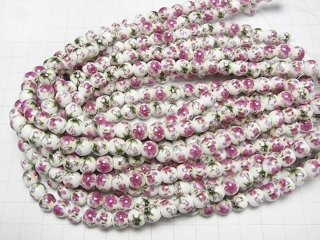 【動画】セラミックビーズ ラウンド8mm 【花柄/パープル】 1連(約29cm) サムネイル4